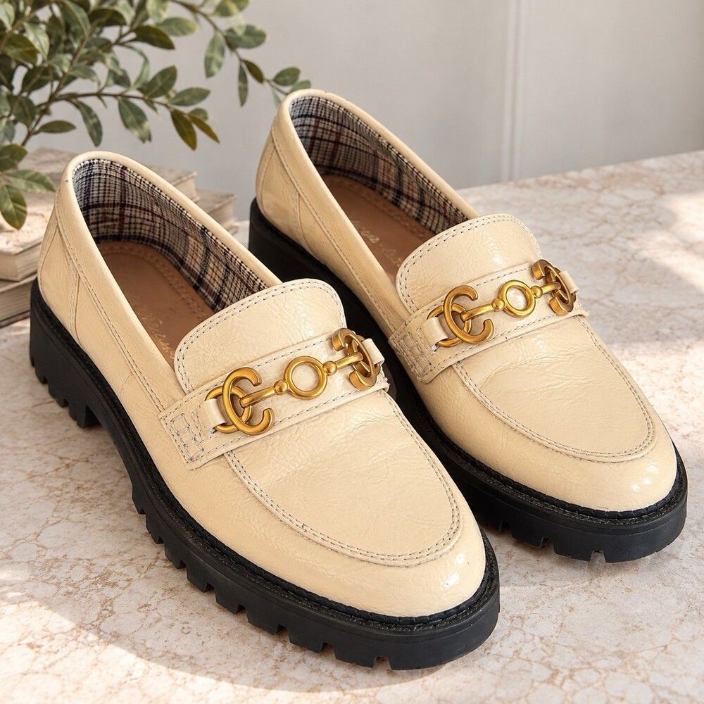 Circus NY Sam Edelman Cream Horsebit Loafers Size 6 Gold Lug Sole Preppy